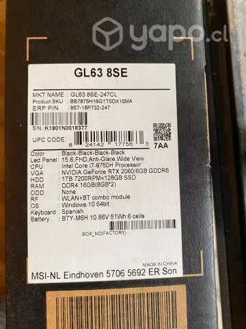 Notebook gamer msi gl638se