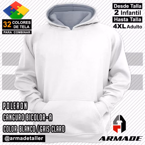 Poleron Canguro Bicolor Blanco / Gris Claro Algodón Armade Taller