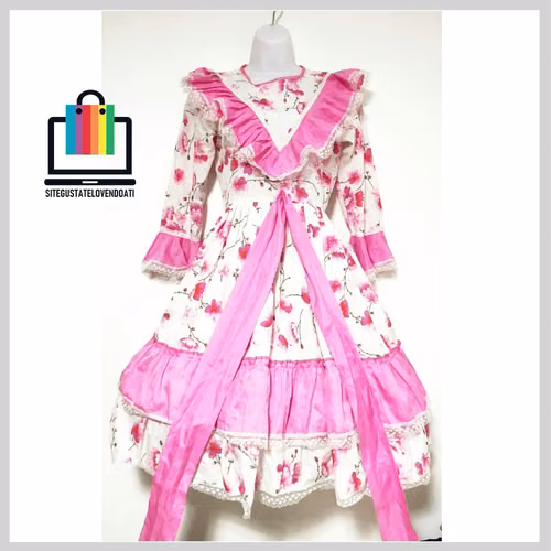 Traje de Huasita Rosado Floral Vuelos y Cinturón