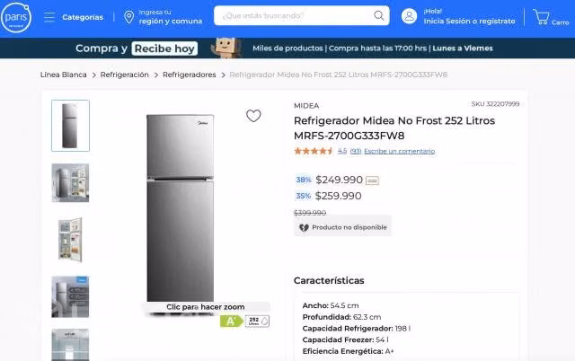 Refrigerador No Frost marca Midea, 252 lt