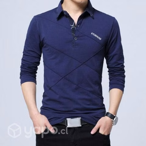 Polera Manga Larga Colores Informal Hombre Cuello - Imagen 2