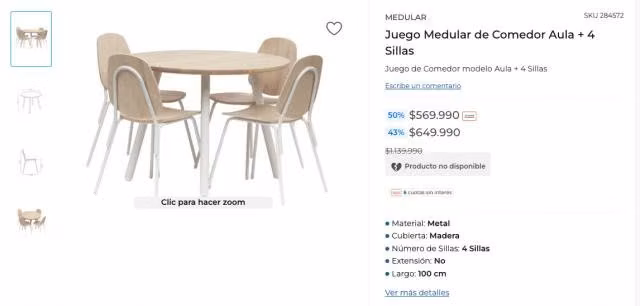 Comedor de madera Medular modelo Aula con 4 sillas