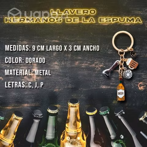 Llavero Botella de cerveza, letra, vaso, destapado