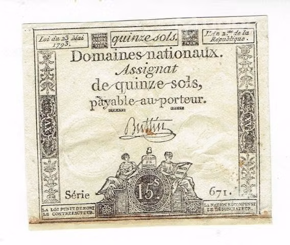 Billete de Francia, 1793, 15 soles