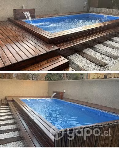 Piscina fibra + tinaja caliente instalada
