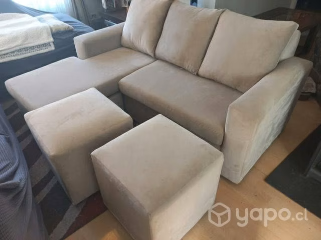 Sofá Seccional Felpa Beige + 2 Pouf