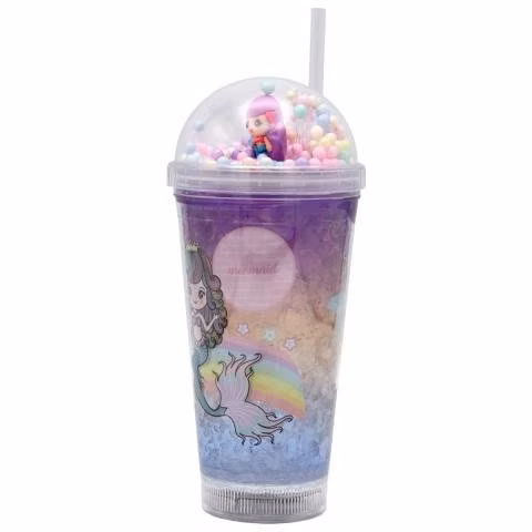 Vaso Con Bombilla Sirena Pelo Morado Pelotas y Luz
