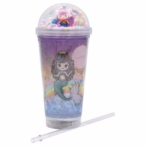 Vaso Con Bombilla Sirena Pelo Morado Pelotas y Luz