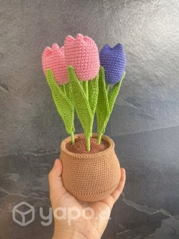 Maceteros con flores a crochet  a pedido
