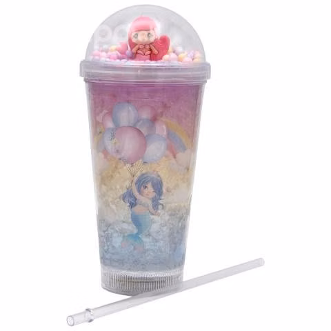 Vaso Bombilla Diseño Sirena Rosa Pelotitas y Luz