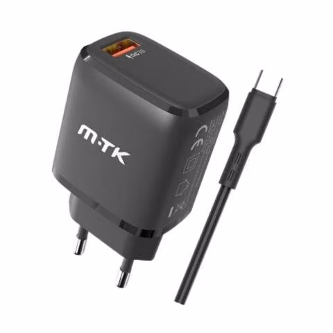 Cargador Carga Rápida Negro QC 3.0 Tipo C y USB-A - Imagen 2