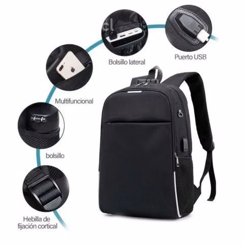 Mochila Notebook Impermeable Con USB Negro 46x30x1
