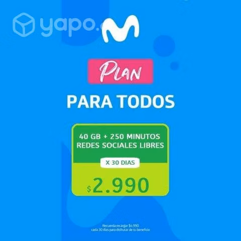 CHIP PLAN SIN REQUISITOS - 15GB 250 MINUTOS Movist