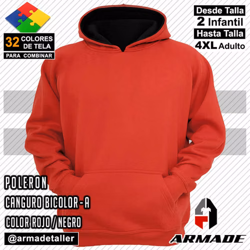 Poleron Canguro Bicolor Rojo / Negro Algodón Armade Taller