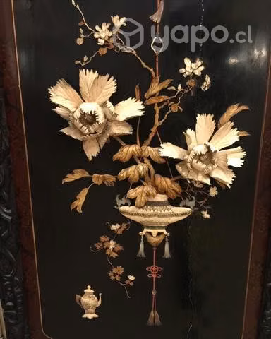 Antiguo Biombo Chino siglo XIX tallados Marf Nácar - Imagen 4