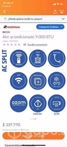 Aire acondicionado wifi 9000 btu 2 piezas