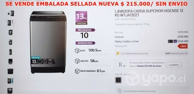 Lavadora NUEVA EMBALADA HISENSE 13 KG