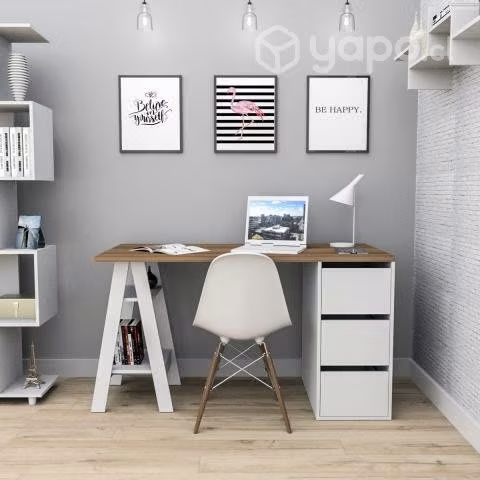 Mesa escritorio con cajonera blanco castaño