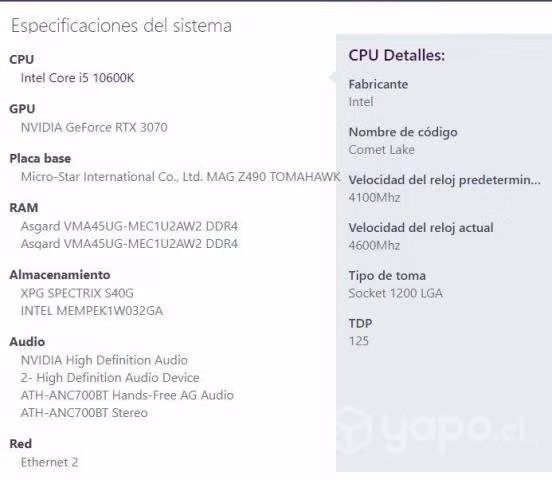 Pc gamer rtx 3070 + I5 10600k