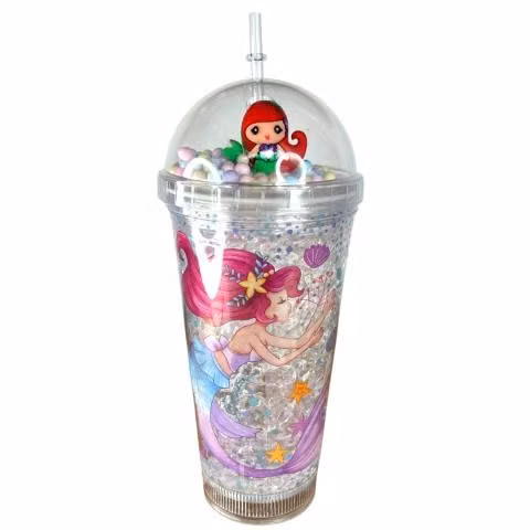 Vaso Transparente Luz Multicolor Sirena Pelo Rojo