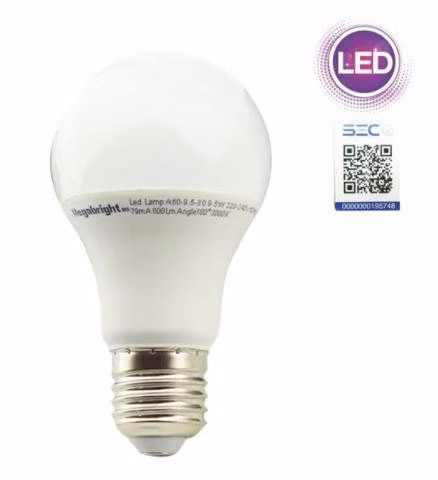 Ampolleta LED 9,5Watt E-27, A60 Luz Calida, Megabr