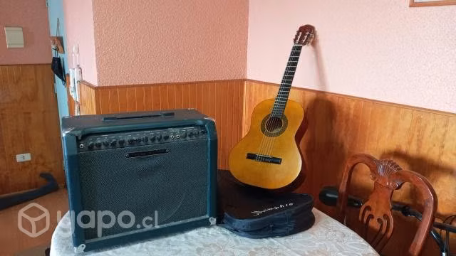Amplificador de guitarra, afinador y guitarra