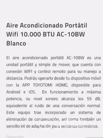 Aire Acondicionado Toyotomi Portátil Wifi 10.000