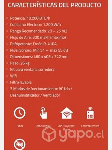 Aire Acondicionado Toyotomi Portátil Wifi 10.000