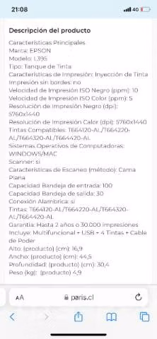 Impresora EPSON L395 (Tanque de tinta)