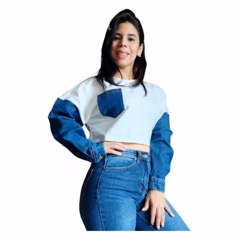 Crop-top manga larga de jeans - Imagen 2