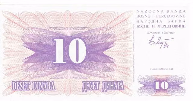 Billete Bosnia Herzegovina, 10 dinares, 1992. UNC