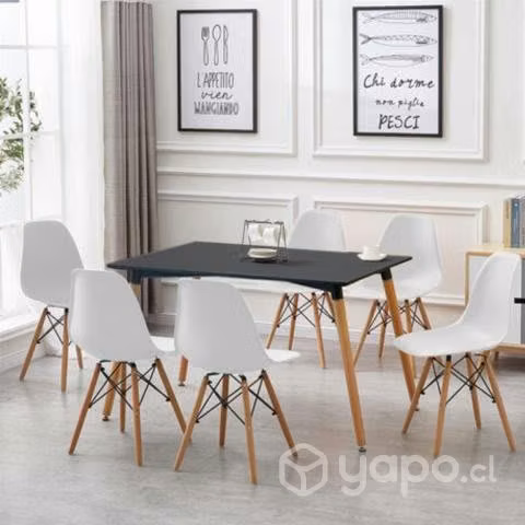 Mesa Rectangular + 6 Sillas Eames Blancas
