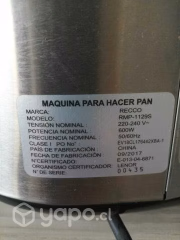Maquina para hacer pan Recco RMP-1129S Usada/Como