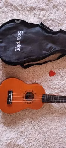 Ukelele marrón, funda y uñeta