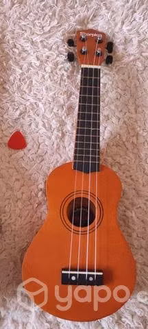 Ukelele marrón, funda y uñeta