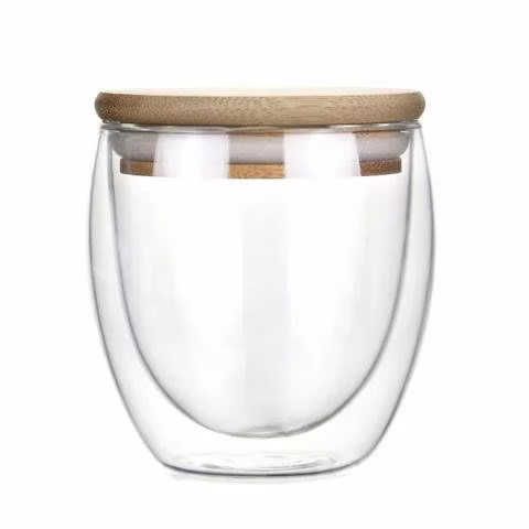 Vaso Mug Vidrio Doble Capa Con Tapa Bambú 260 ML