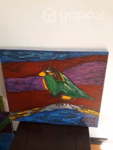 Cuadro pájaro verde con café