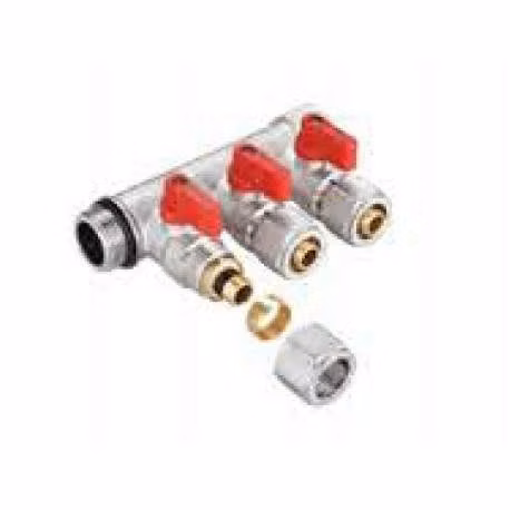 Manifold 1" 3 vías roja con terminales y válvulas