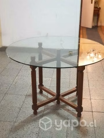 Mesa redonda de cristal muy grueso base de nogal