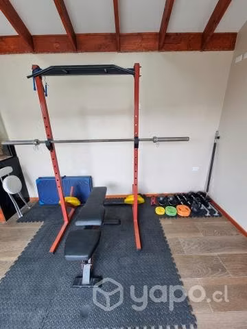 Set rack + banca + barra + discos