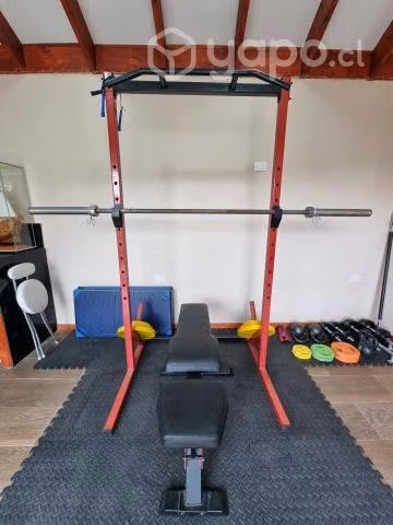 Set rack + banca + barra + discos