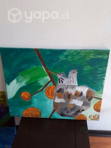 Pintura pajarillos sobre nido