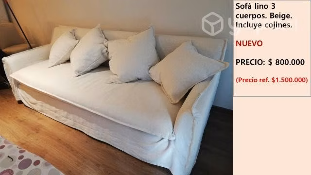 Sofá lino, beige, 3 cuerpos Nuevo