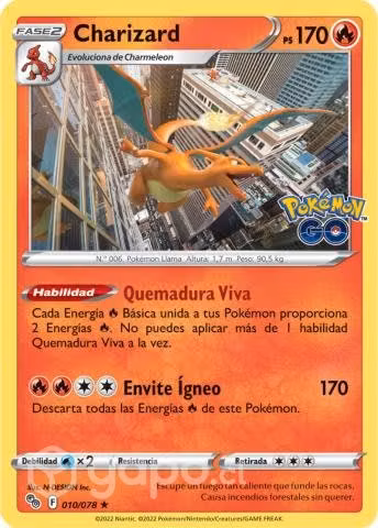 Carta Pokémon rara Charizard edición 010/078