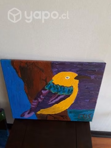 Pintura pájaro amarillo y morado - Imagen 3