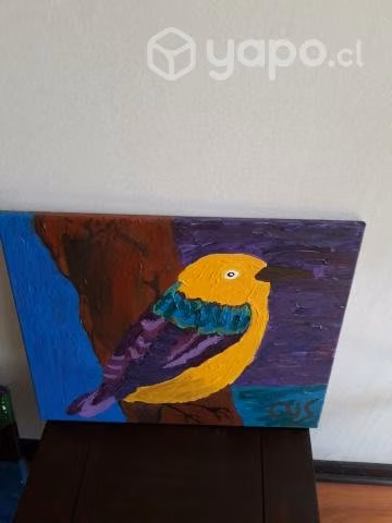 Pintura pájaro amarillo y morado - Imagen 2