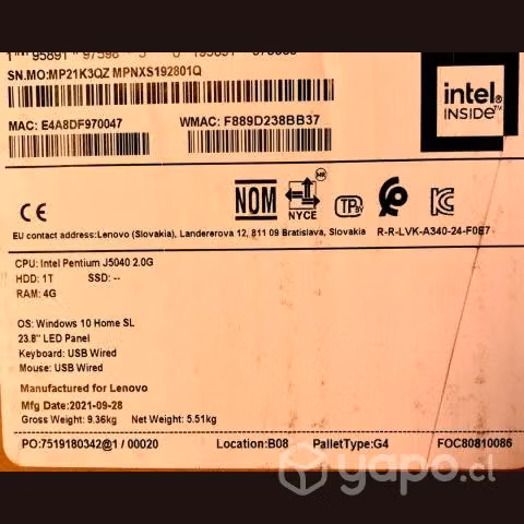 All in one lenovo ideacentre a340 23,8 fhd