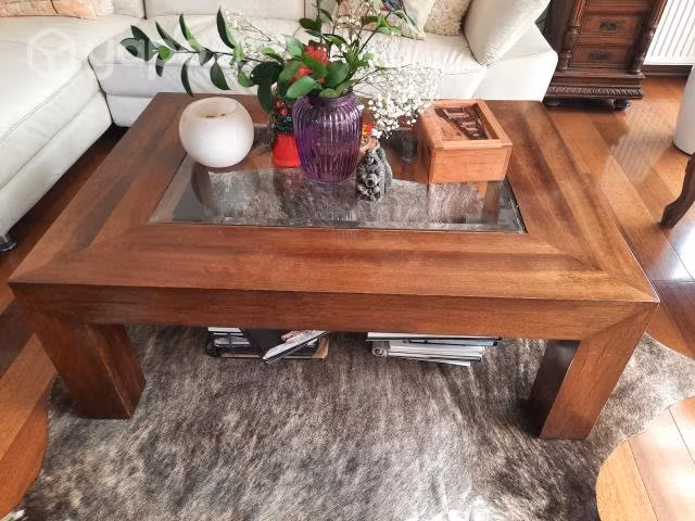 Mesa centro y arrimo madera rauli y cristal