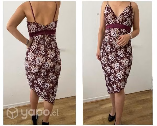 Vestido fiesta burdeo encaje beige
