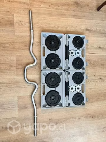 Set mancuernas de 9kg y una barra W